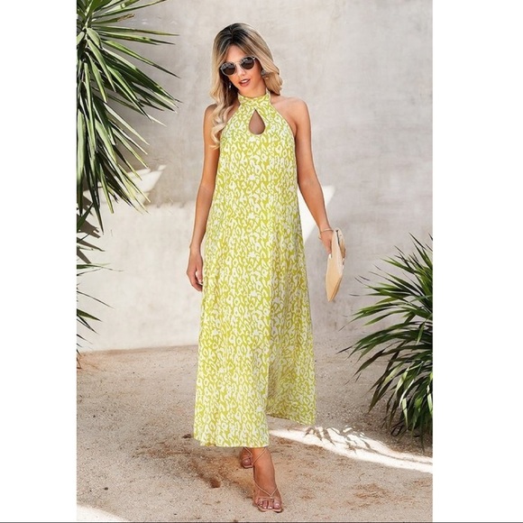 Yellow Green Leopard Print Halter Neck Maxi Dress - Picture 3 of 4